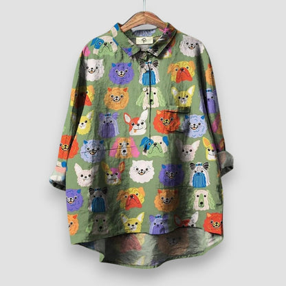 Women's Dog Print Long Sleeve Collared Button Shirt - Back View | Lavisa