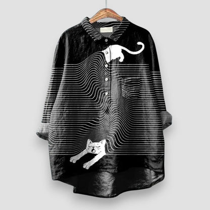 Women's Dog Print Long Sleeve Collared Button Shirt - Close-Up Texture & Detail | Lavisa