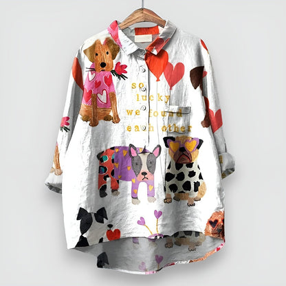 Women's Dog Print Long Sleeve Collared Button Shirt - Sole & Material View | Lavisa