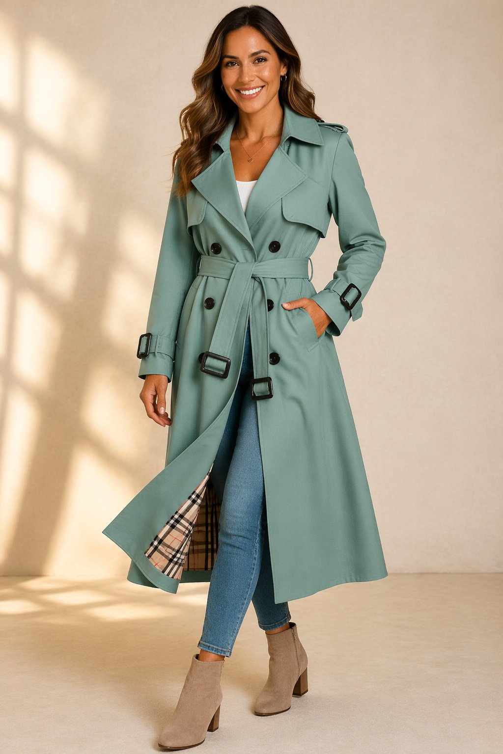 Women's Double-Breasted Belted Long Trench Coat - Front View | Lavisa