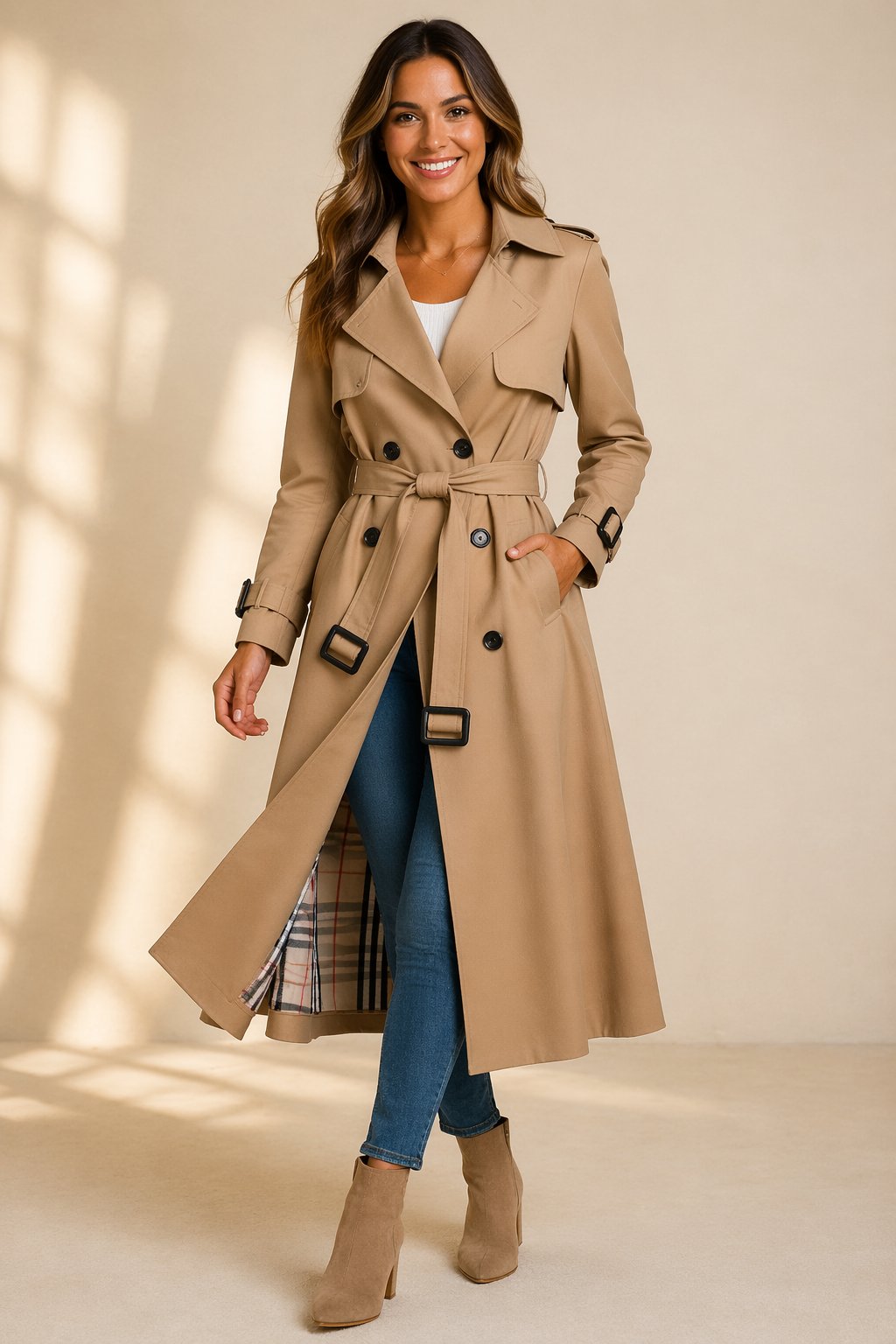 Women's Double-Breasted Belted Long Trench Coat - Side Angle | Lavisa