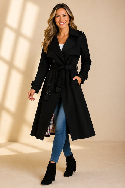 Women's Double-Breasted Belted Long Trench Coat - Back View | Lavisa