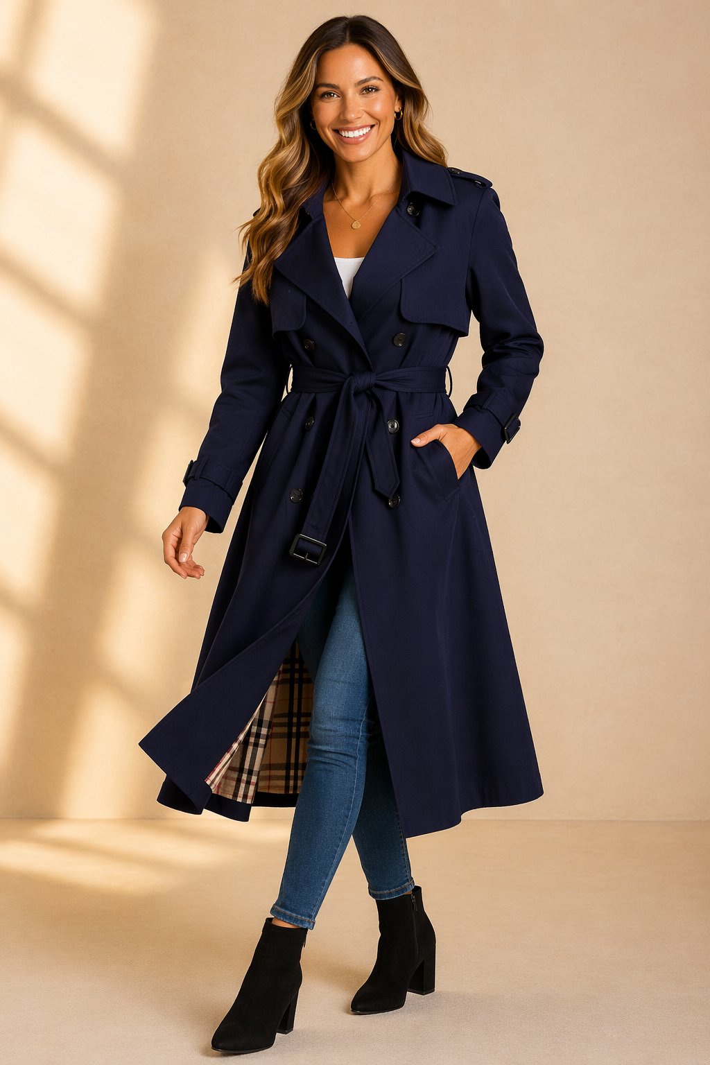 Women's Double-Breasted Belted Long Trench Coat - Close-Up Texture & Detail | Lavisa