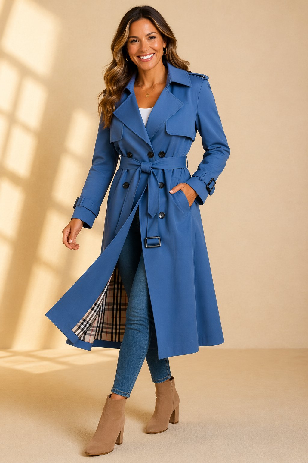 Women's Double-Breasted Belted Long Trench Coat - Sole & Material View | Lavisa