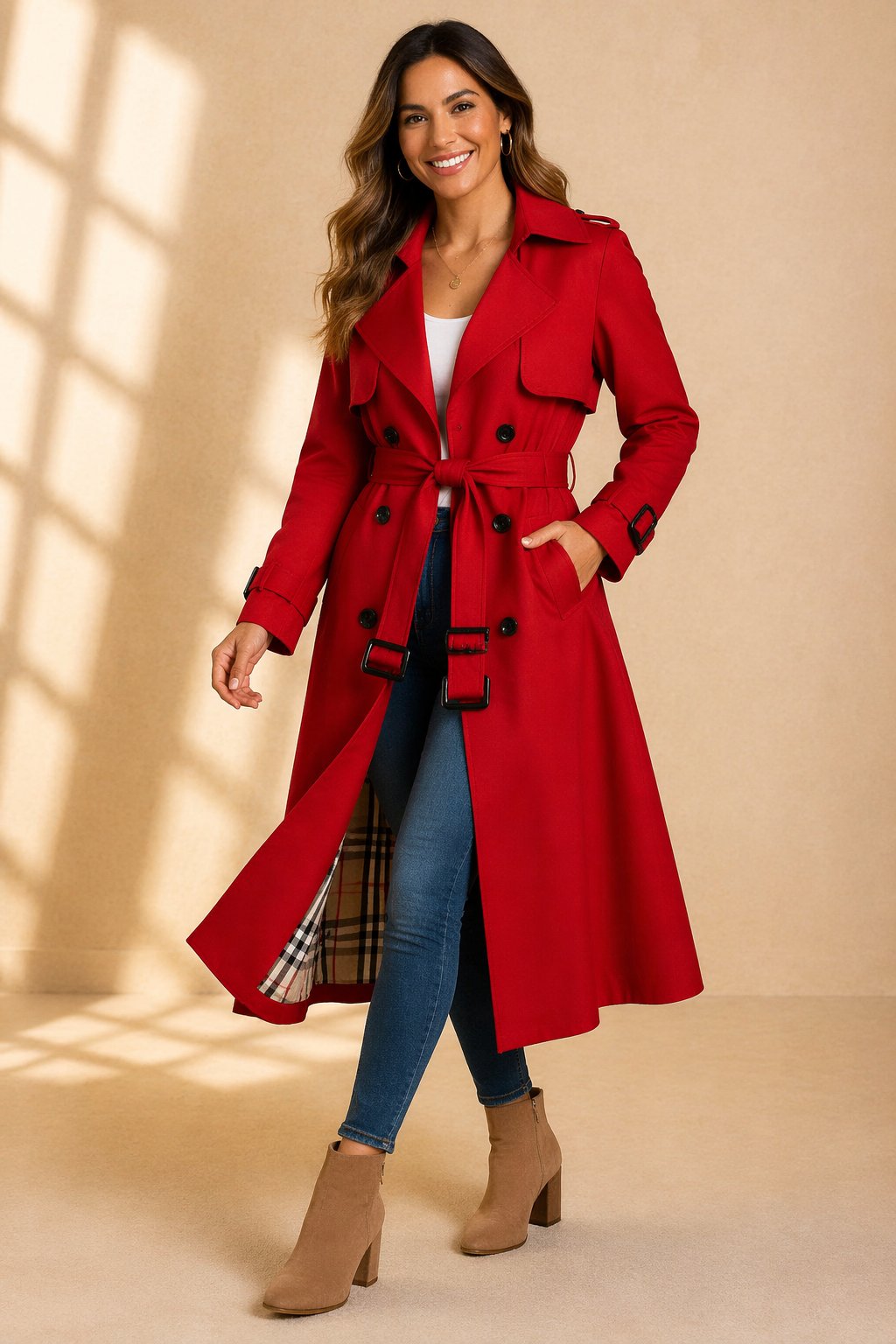 Women's Double-Breasted Belted Long Trench Coat - Lifestyle & Model Angle | Lavisa
