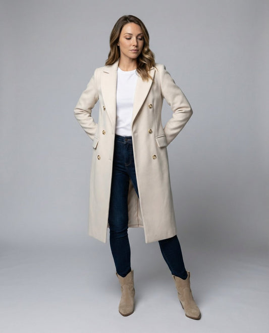 Women's Double-Breasted Long-Line Polyester Coat - Front View | Lavisa