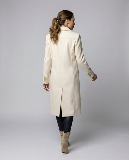 Women's Double-Breasted Long-Line Polyester Coat - Side Angle | Lavisa