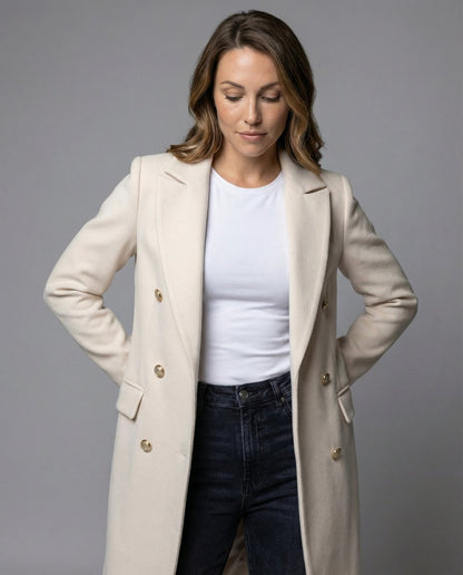 Women's Double-Breasted Long-Line Polyester Coat - Back View | Lavisa