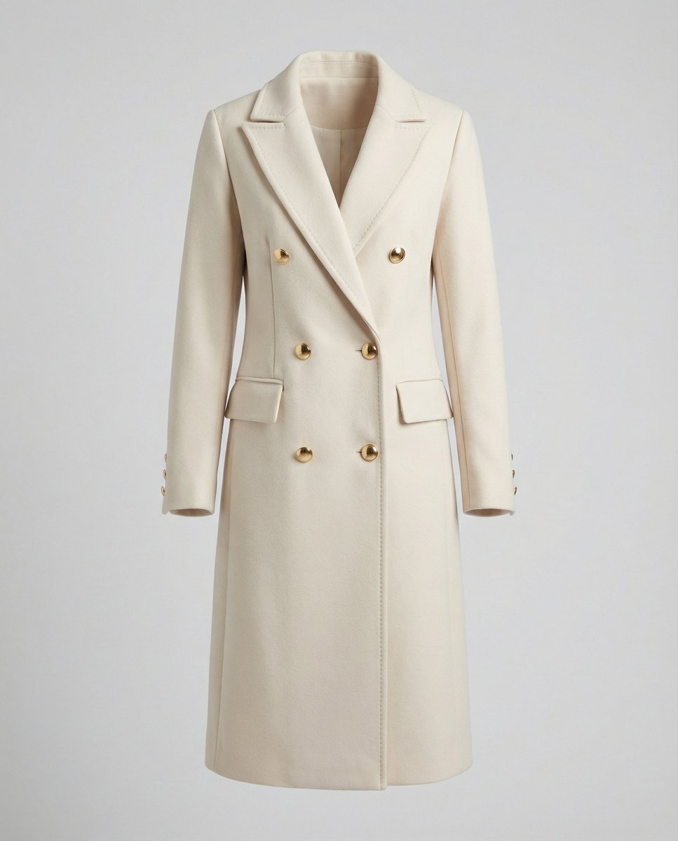 Women's Double-Breasted Long-Line Polyester Coat - Sole & Material View | Lavisa