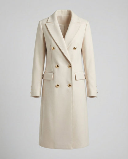Women's Double-Breasted Long-Line Polyester Coat - Sole & Material View | Lavisa