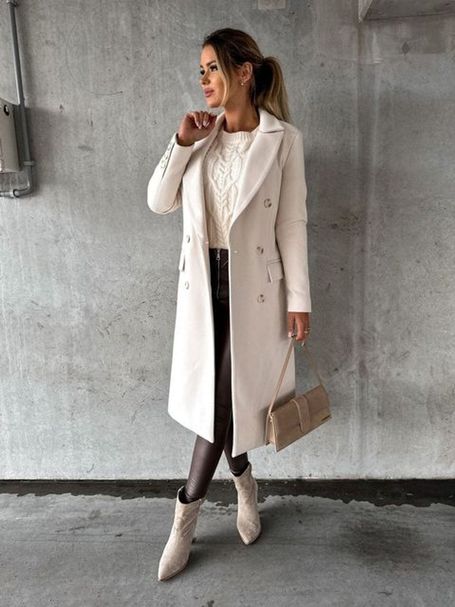 Women's Double-Breasted Long-Line Polyester Coat - Lifestyle & Model Angle | Lavisa