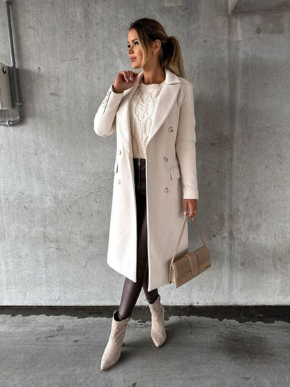 Women's Double-Breasted Long-Line Polyester Coat - Lifestyle & Model Angle | Lavisa