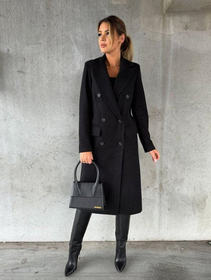 Women's Double-Breasted Long-Line Polyester Coat - Variant Angle | Lavisa