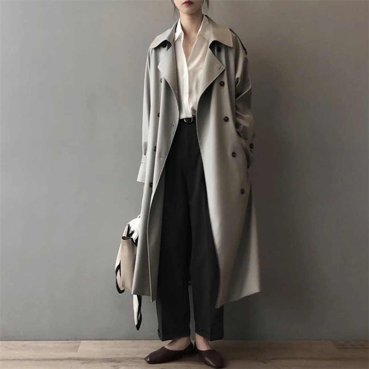 Women's Double-Breasted Water-Repellent Long Trench Coat - Close-Up Texture & Detail | Lavisa