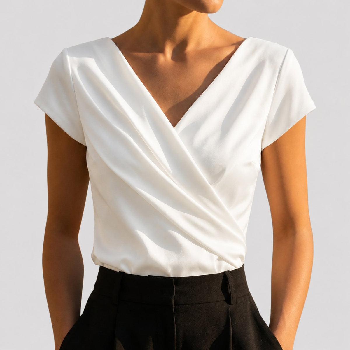 Women's Draped Wrap V-Neck Cap Sleeve Blouse Top - Front View | Lavisa