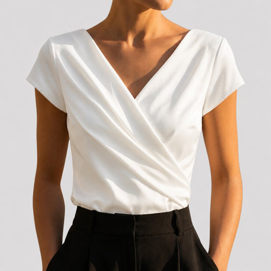 Women's Draped Wrap V-Neck Cap Sleeve Blouse Top - Front View | Lavisa