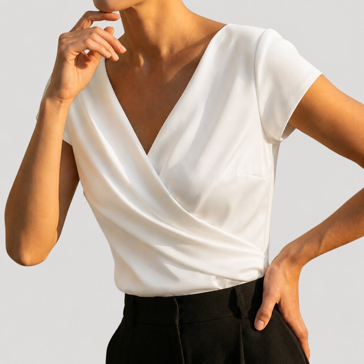 Women's Draped Wrap V-Neck Cap Sleeve Blouse Top - Side Angle | Lavisa