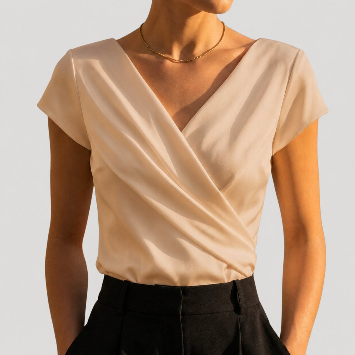 Women's Draped Wrap V-Neck Cap Sleeve Blouse Top - Back View | Lavisa