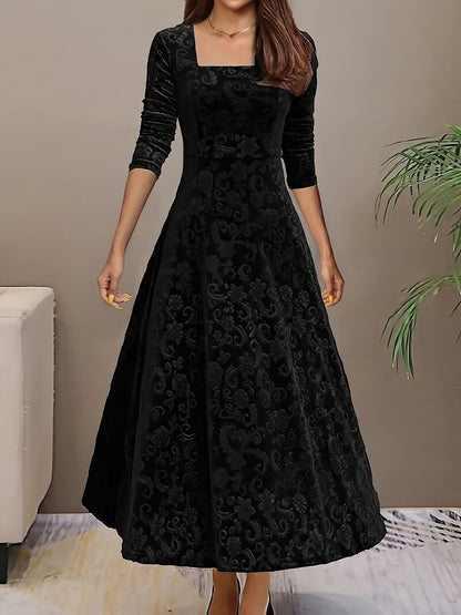 Women's Embossed Velvet Square-Neck A-Line Midi Dress - Front View | Lavisa