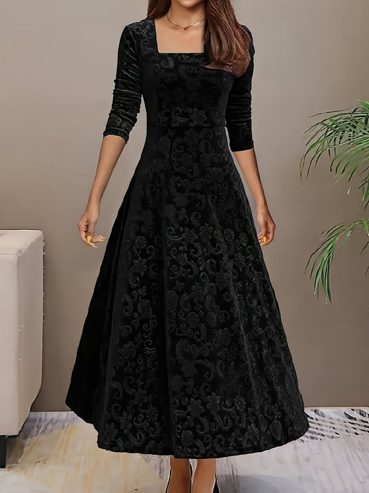 Women's Embossed Velvet Square-Neck A-Line Midi Dress - Front View | Lavisa