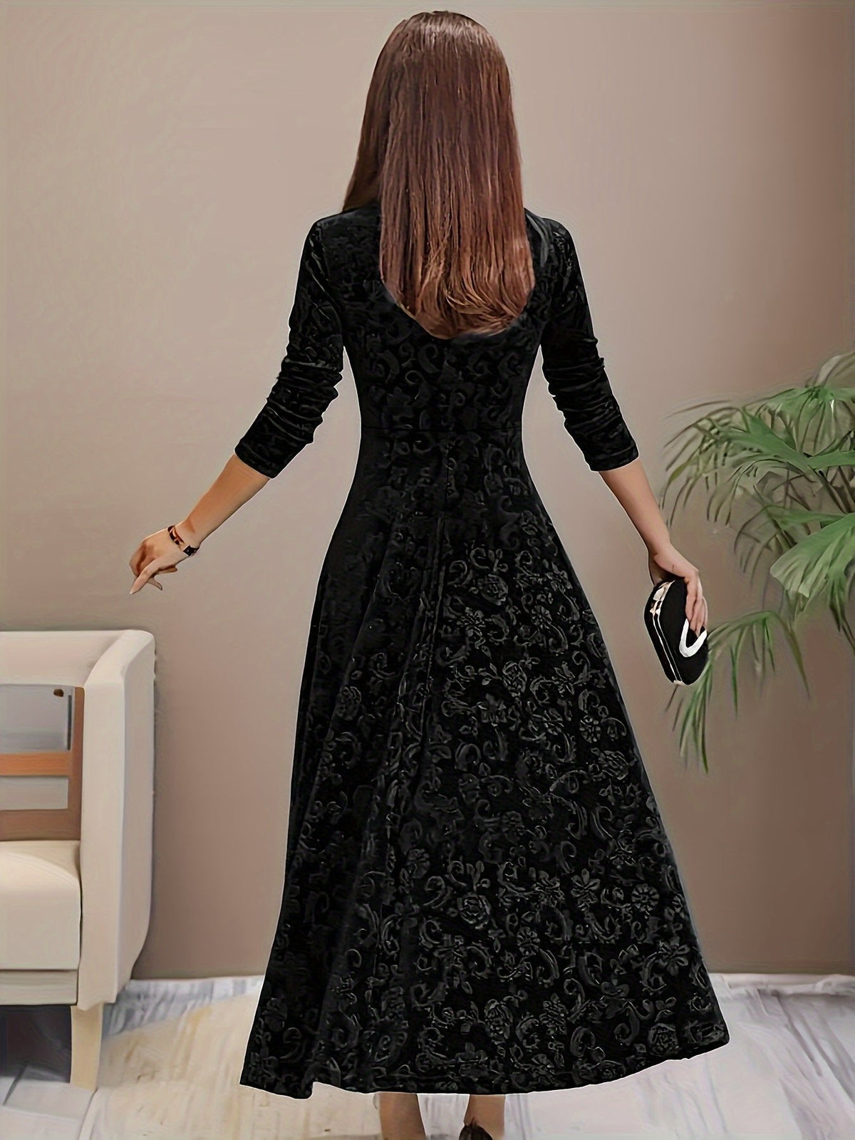 Women's Embossed Velvet Square-Neck A-Line Midi Dress - Side Angle | Lavisa