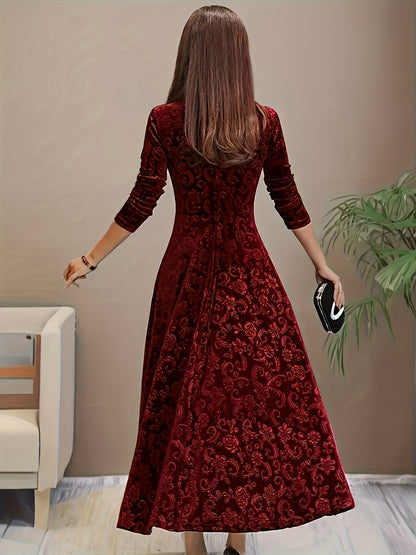 Women's Embossed Velvet Square-Neck A-Line Midi Dress - Close-Up Texture & Detail | Lavisa