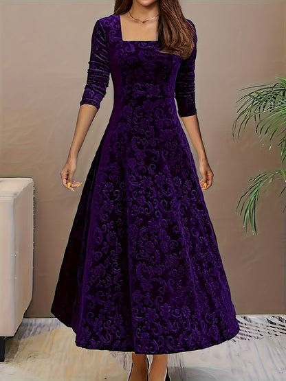 Women's Embossed Velvet Square-Neck A-Line Midi Dress - Sole & Material View | Lavisa