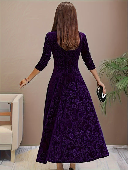 Women's Embossed Velvet Square-Neck A-Line Midi Dress - Lifestyle & Model Angle | Lavisa