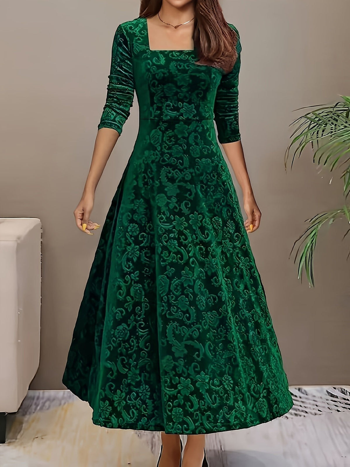Women's Embossed Velvet Square-Neck A-Line Midi Dress - Variant Angle | Lavisa