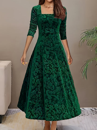 Women's Embossed Velvet Square-Neck A-Line Midi Dress - Variant Angle | Lavisa