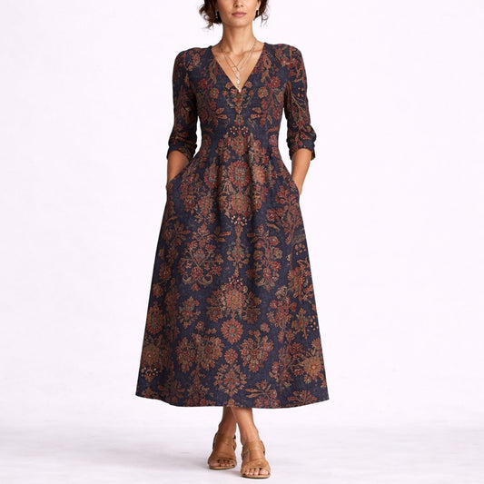 Lavisa - Women's Fall Wedding Guest Dresses Floral Linen Maxi V-Neck