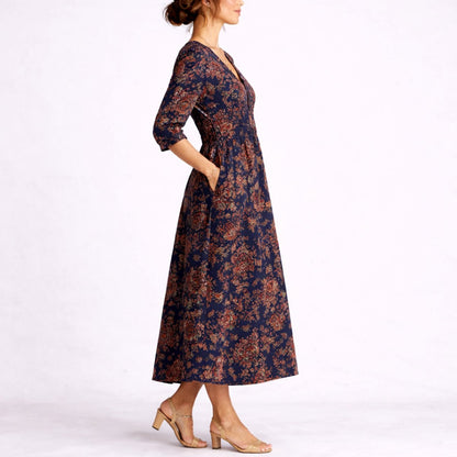Women's Fall Wedding Guest Dresses Floral Linen Maxi V-Neck - Side Angle | Lavisa