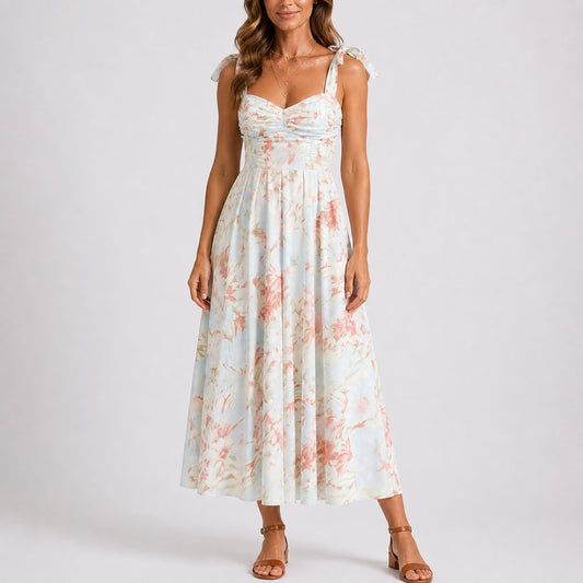 Lavisa - Women's Fall Wedding Guest Dresses Floral Ruched Tie-Shoulder Midi Dress