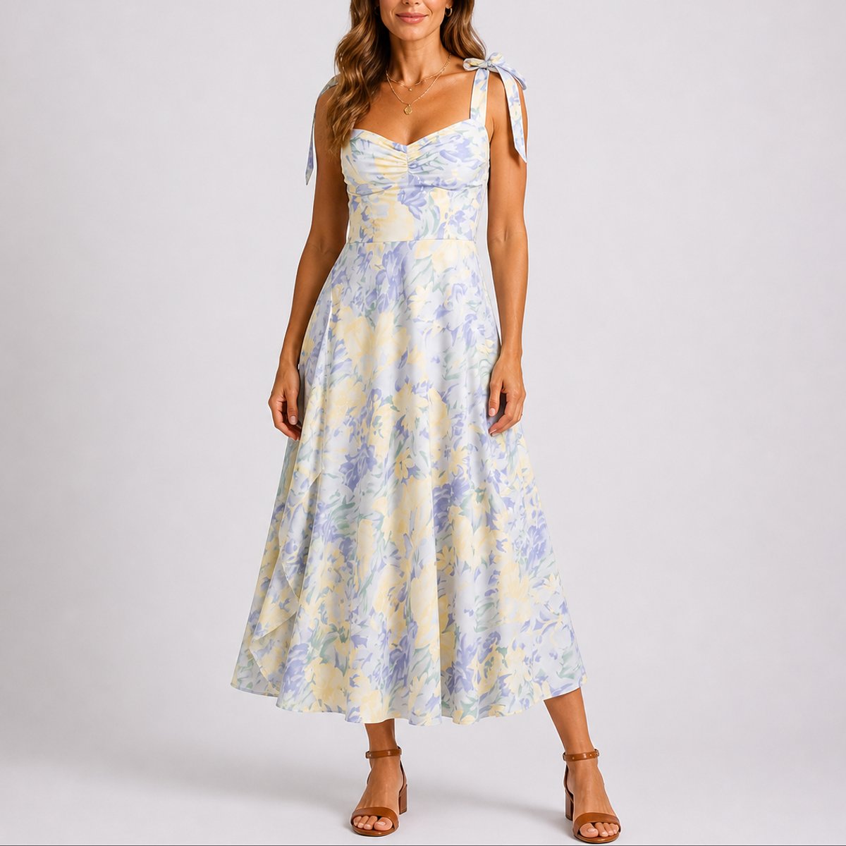 Women's Fall Wedding Guest Dresses Floral Ruched Tie-Shoulder Midi Dress - Side Angle | Lavisa