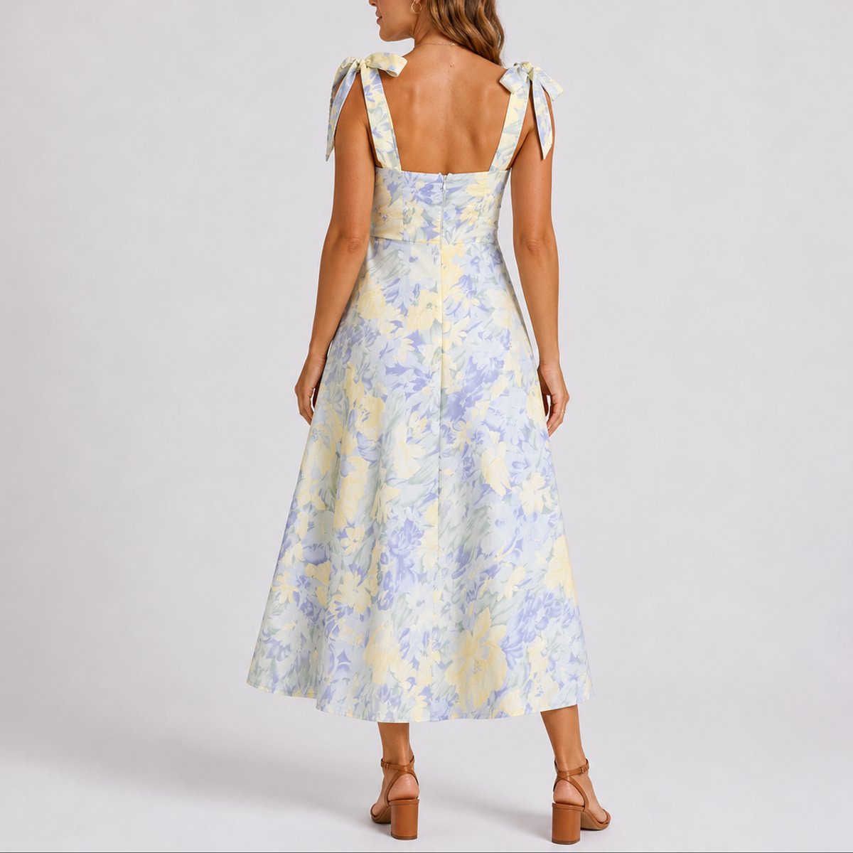 Women's Fall Wedding Guest Dresses Floral Ruched Tie-Shoulder Midi Dress - Back View | Lavisa