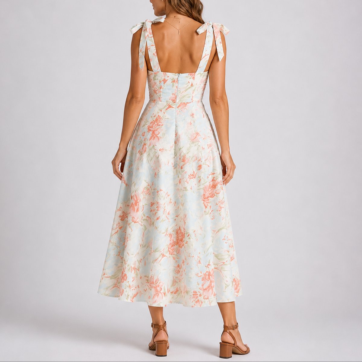 Women's Fall Wedding Guest Dresses Floral Ruched Tie-Shoulder Midi Dress - Close-Up Texture & Detail | Lavisa