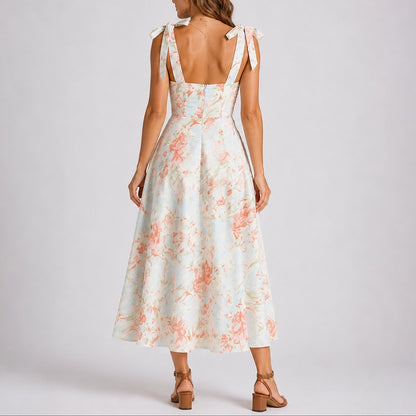 Women's Fall Wedding Guest Dresses Floral Ruched Tie-Shoulder Midi Dress - Close-Up Texture & Detail | Lavisa