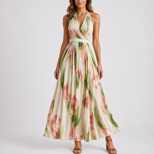 Lavisa - Women's Fall Wedding Guest Dresses Halter Neck Floral Maxi Dress