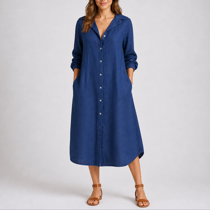 Women's Fall Wedding Guest Dresses Long-Sleeve Button-Front Midi Shirt Dress - Front View | Lavisa