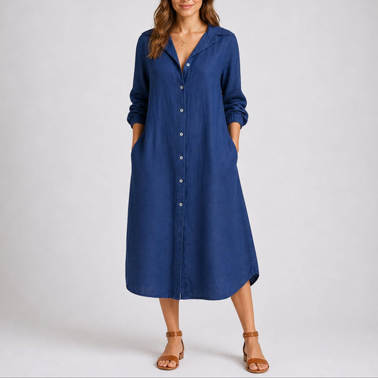 Lavisa - Women's Fall Wedding Guest Dresses Long-Sleeve Button-Front Midi Shirt Dress