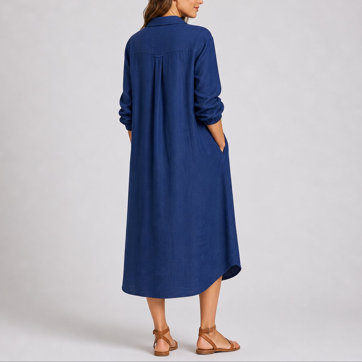 Women's Fall Wedding Guest Dresses Long-Sleeve Button-Front Midi Shirt Dress - Side Angle | Lavisa