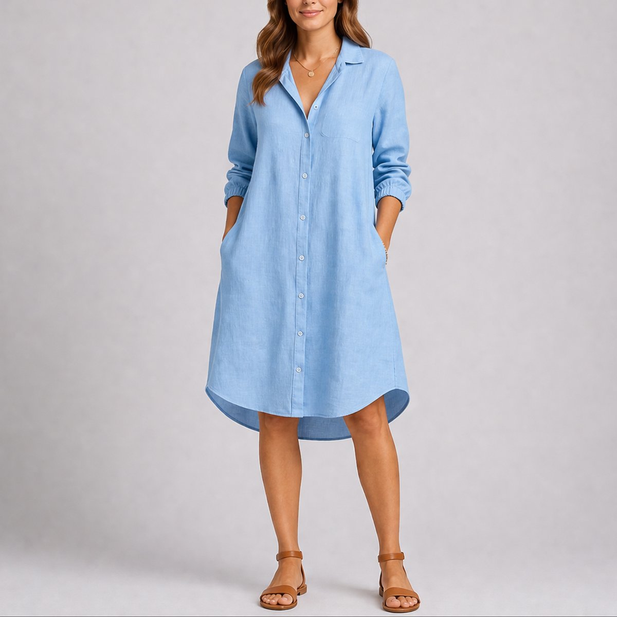 Women's Fall Wedding Guest Dresses Long-Sleeve Button-Front Midi Shirt Dress - Back View | Lavisa
