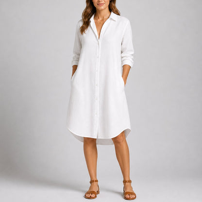 Women's Fall Wedding Guest Dresses Long-Sleeve Button-Front Midi Shirt Dress - Close-Up Texture & Detail | Lavisa