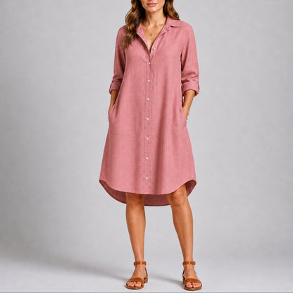 Women's Fall Wedding Guest Dresses Long-Sleeve Button-Front Midi Shirt Dress - Sole & Material View | Lavisa