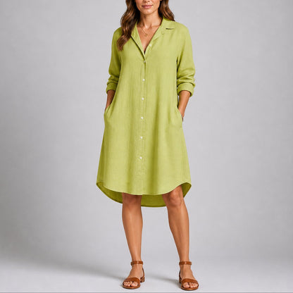Women's Fall Wedding Guest Dresses Long-Sleeve Button-Front Midi Shirt Dress - Lifestyle & Model Angle | Lavisa