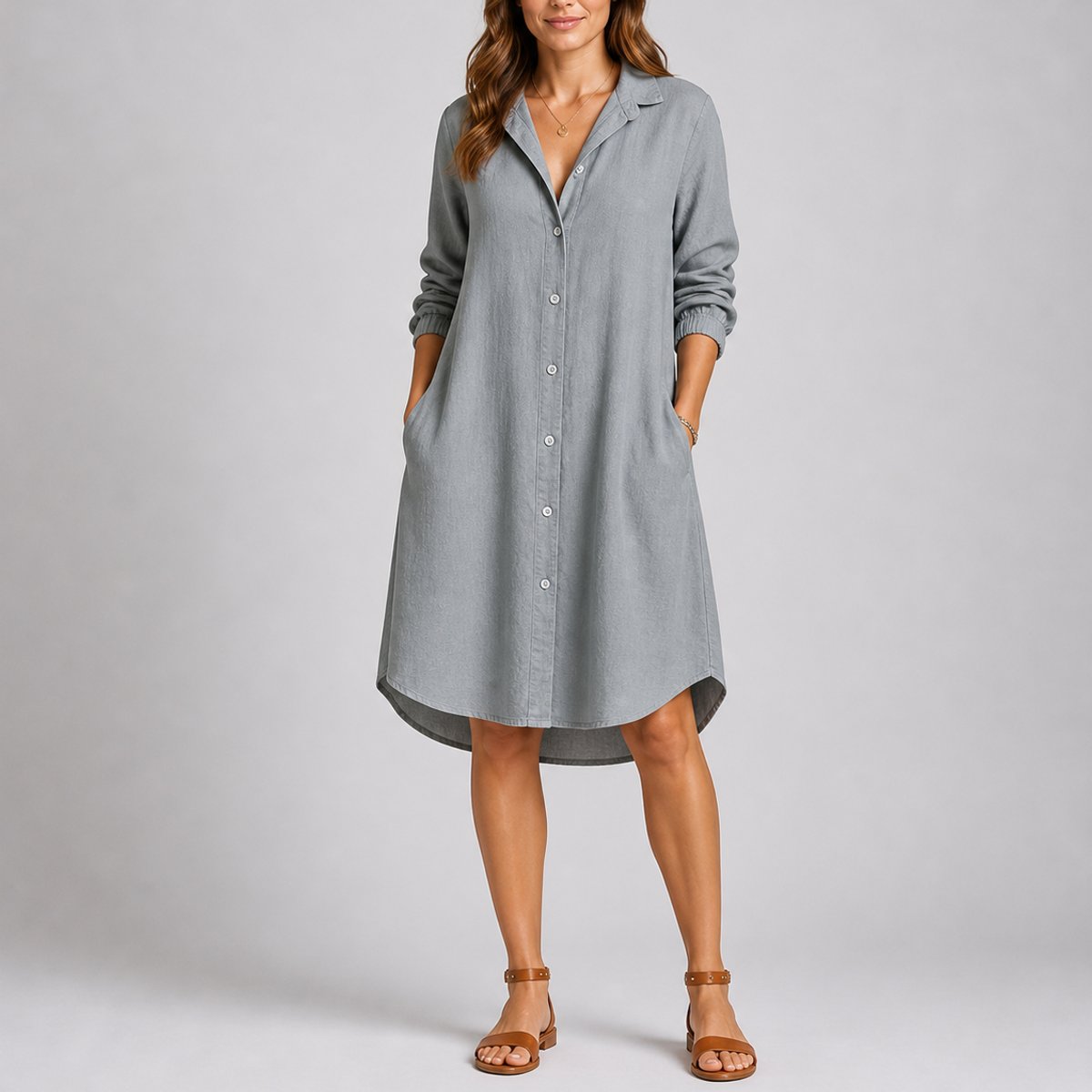 Women's Fall Wedding Guest Dresses Long-Sleeve Button-Front Midi Shirt Dress - Variant Angle | Lavisa