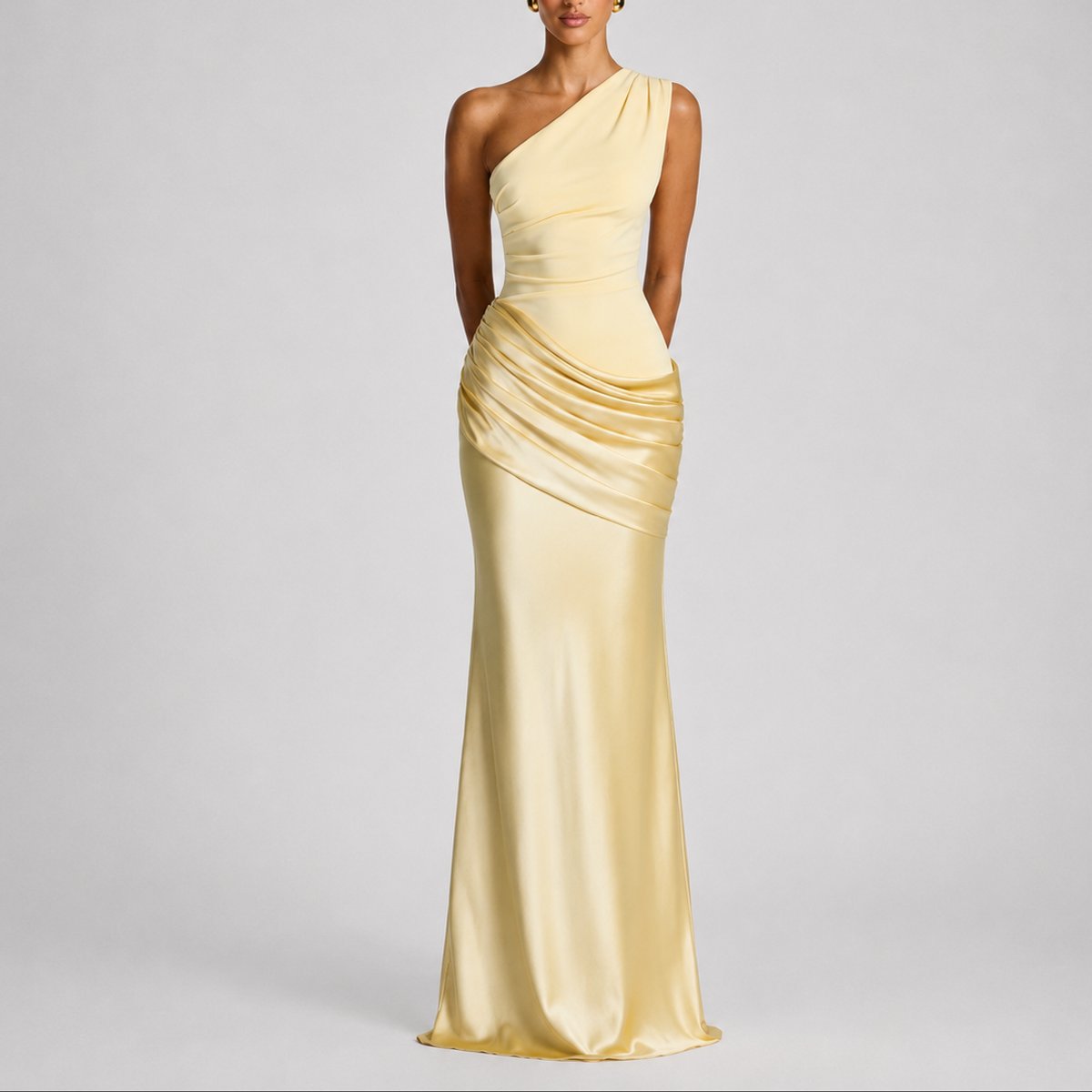 Women's Fall Wedding Guest Dresses One Shoulder Satin Maxi Gown - Front View | Lavisa