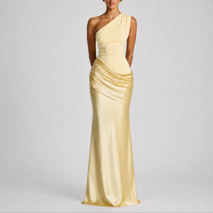 Women's Fall Wedding Guest Dresses One Shoulder Satin Maxi Gown - Front View | Lavisa