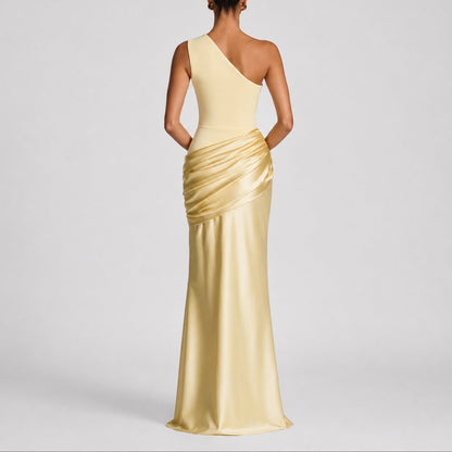 Women's Fall Wedding Guest Dresses One Shoulder Satin Maxi Gown - Side Angle | Lavisa