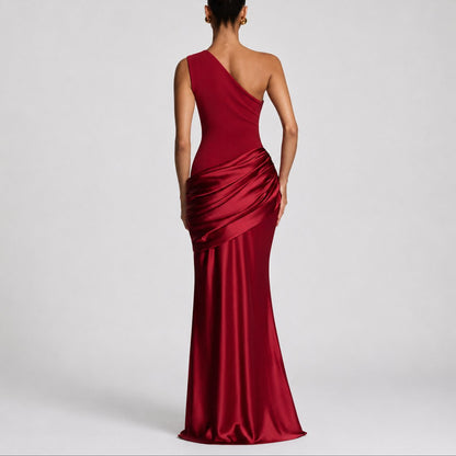 Women's Fall Wedding Guest Dresses One Shoulder Satin Maxi Gown - Close-Up Texture & Detail | Lavisa